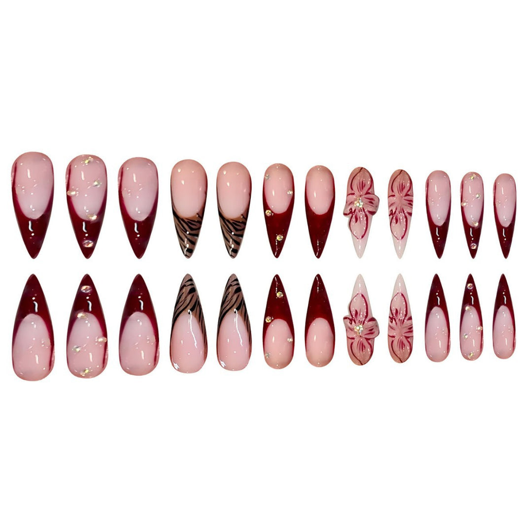 Elegantes Stiletto Press-On Nagelkunst-Set mit floralen und geometrischen Designs Karnz