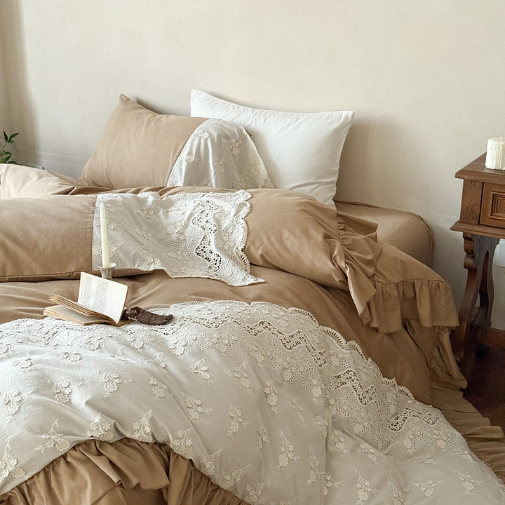Ruffled Lace-Trim Cotton Sateen Duvet Cover Set with Skirted Base and Embroidered Overlay