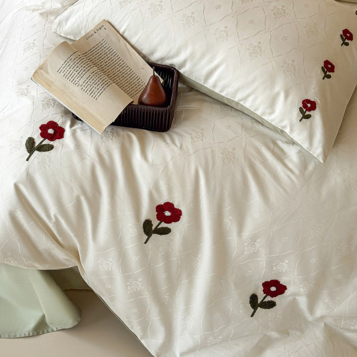 Bestickte Mohn Jacquard Bettwäsche Set mit wendbarem Satingemüt
