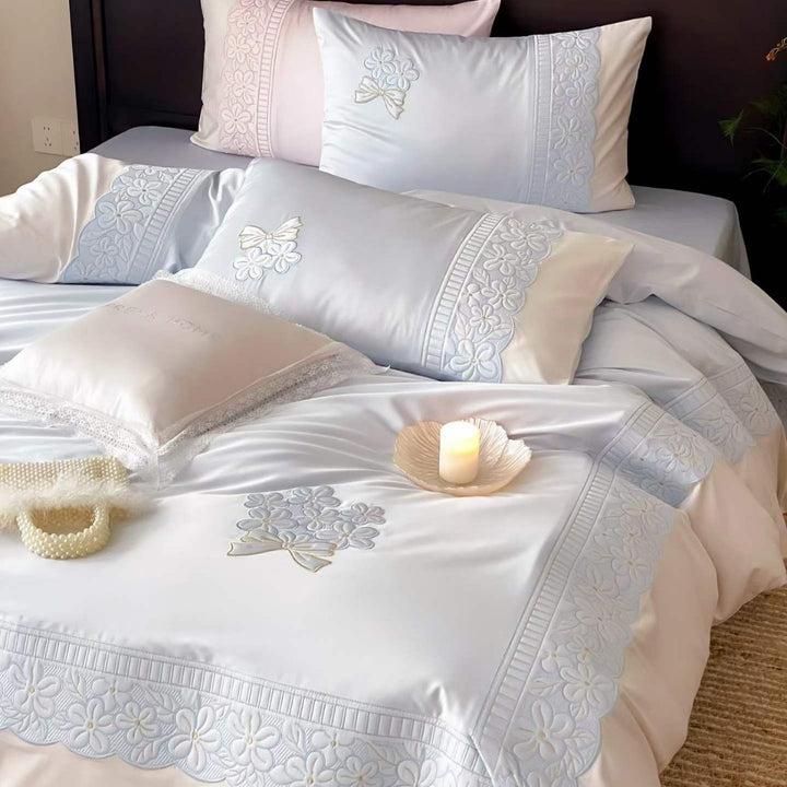 Besticktes Luxus-Baumwollsatin-Bettwäsche-Set mit floraler Spitzenverzierung