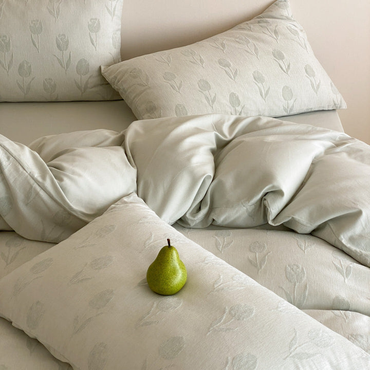 Luxuriöses Bettwäsche-Set aus Baumwoll-Jacquard mit Spitzenbändern