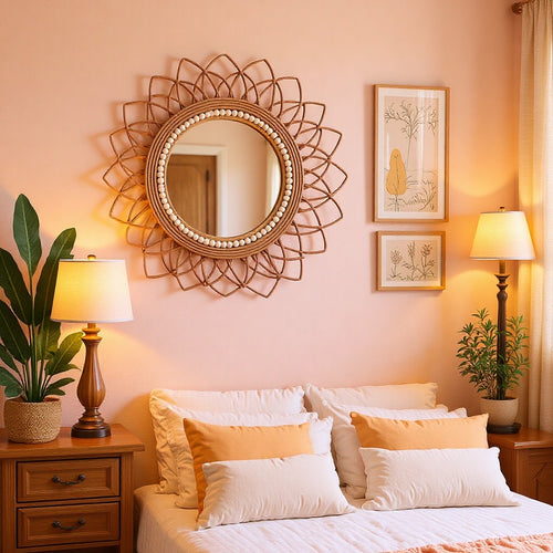 Dekorativer Wandspiegel mit Rattanrahmen Karnz