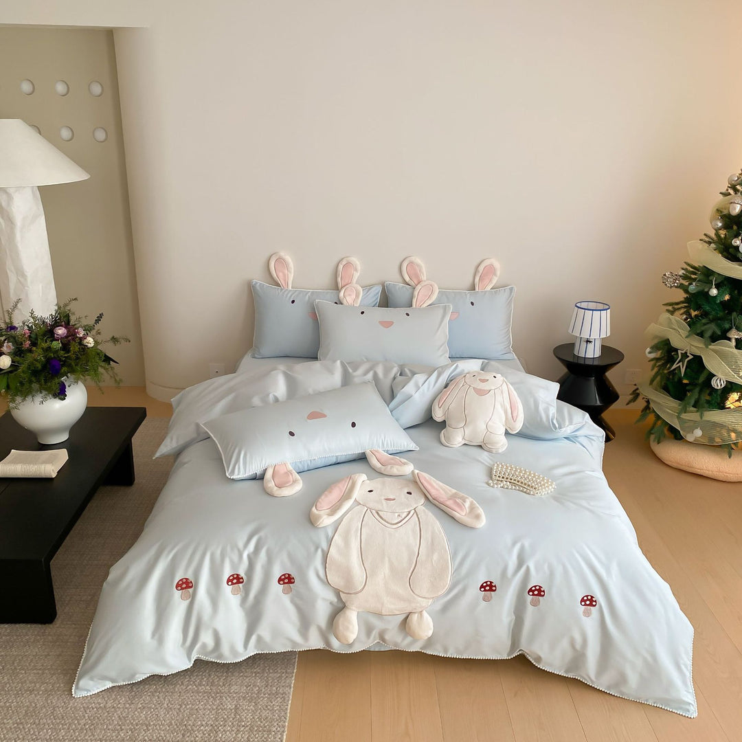 Kinder-Bettwäsche-Set mit 3D-Hasenapplikation und Kuschelkissen