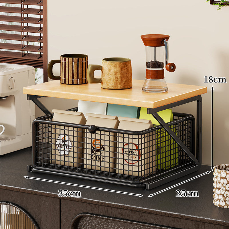 Küchenarbeitsplatte Kaffee Station Organizer mit Holzoberfläche und Metalldrahtkorb