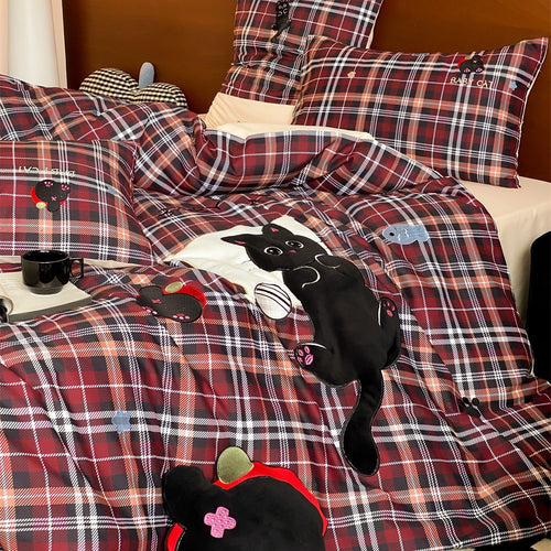 Kariertes Baumwollsatin-Bettwäsche-Set mit gestickter Katzen-Applikation und Wendefunktion