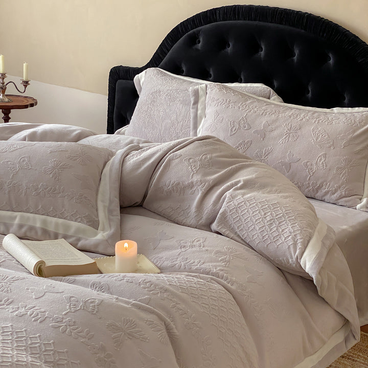 Quilted Embossed Butterfly Cotton Duvet Cover Set with Piped Edge