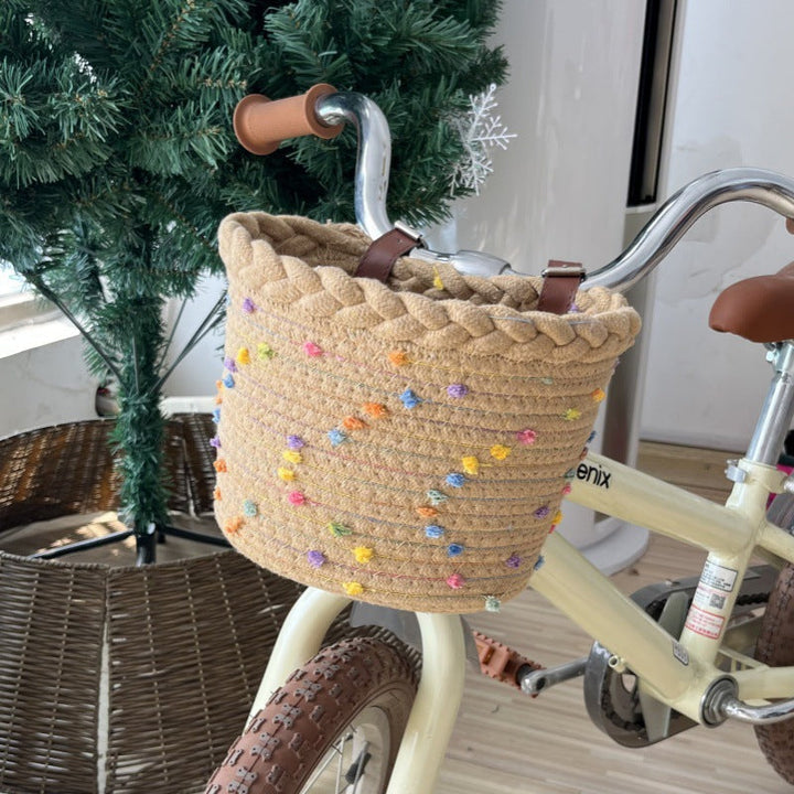 geflochtenes Seil Fahrradkorb mit Pompon-Verzierungen und Lederlenker-Riemen Karnz