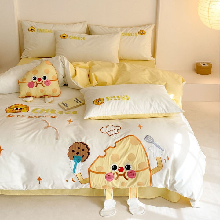 Kinder Cartoon Katze Baumwollsatin Bettbezug Set mit ohrförmigen Kissenbezügen und plüschigem Akzentkissen