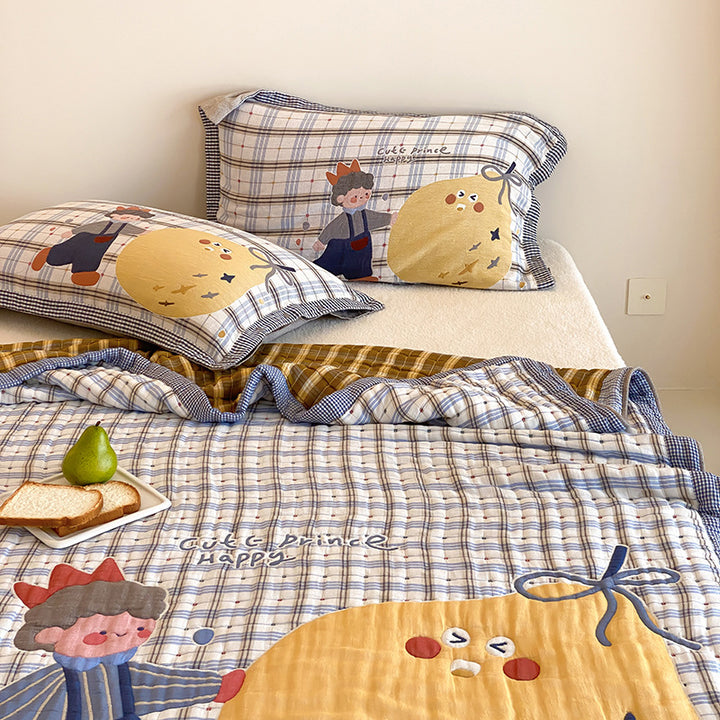 Gestepptes Baumwoll-Quilt-Set mit appliziertem Melonenmädchen und Wendekissenbezügen
