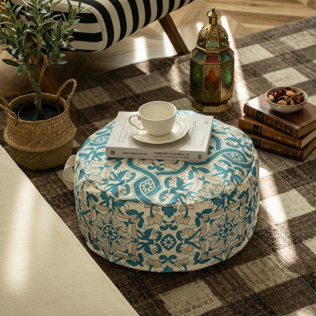 Runder Boden-Pouf mit gewebtem Ornamentmuster und Tragegriff Karnz