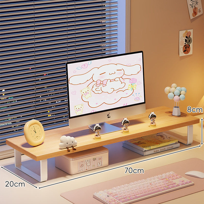 Kompakte Holz-Desktop-Monitorerhöhung mit Metallbeinen und unterer Ablagefläche