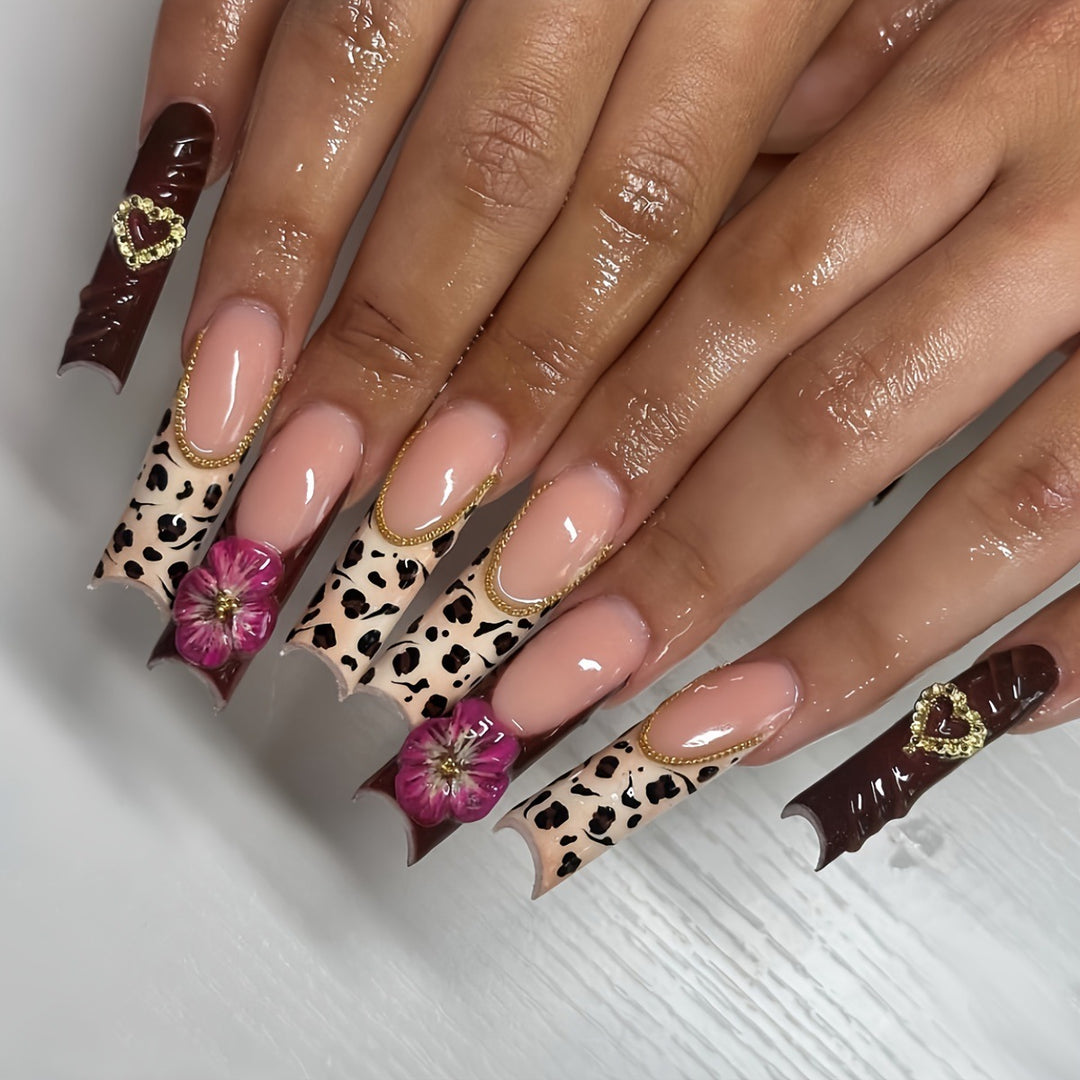 Dekorative Lange Acryl Drucknagelkunst mit Floral- und Leopardenmustern Karnz
