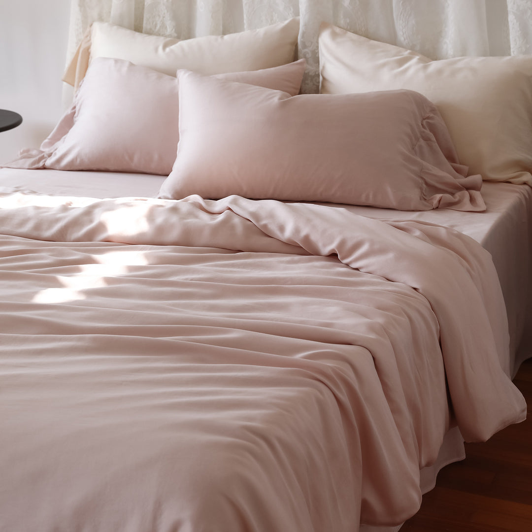Mulberry-Blend Satin Bettbezug- und Kissenbezug-Set mit weichem Rüschensaum