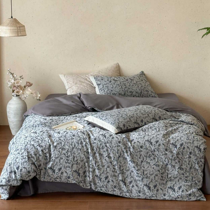 Wende Damast-Print Baumwollsatin Bettbezugset mit Umschlagkissenbezügen