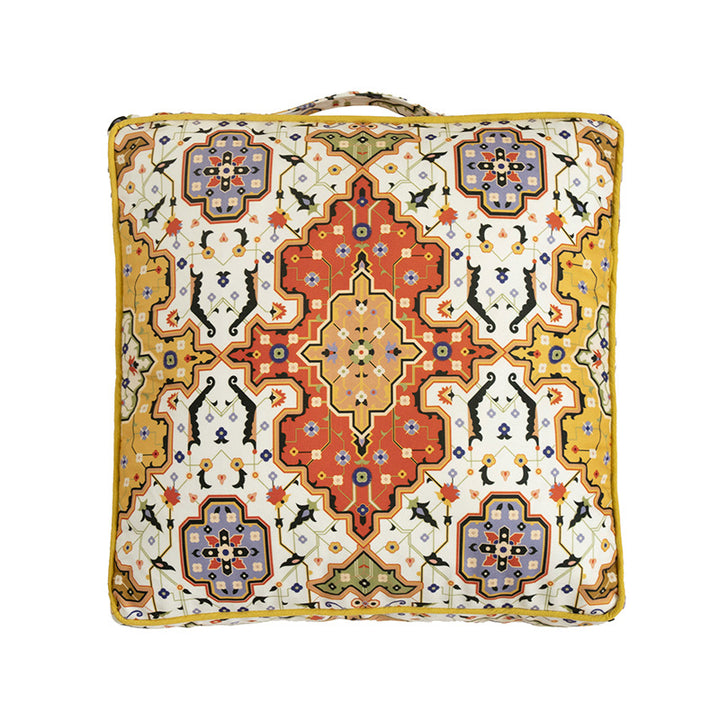 Quadratisches Dekokissen mit orientalischem Medaillon-Print, Paspel und Tragegriff