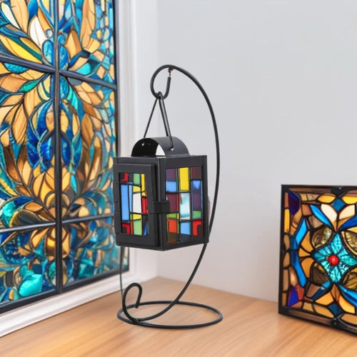 Buntglas-Mosaik-Hängeteelichthalter mit Metallrahmen Karnz