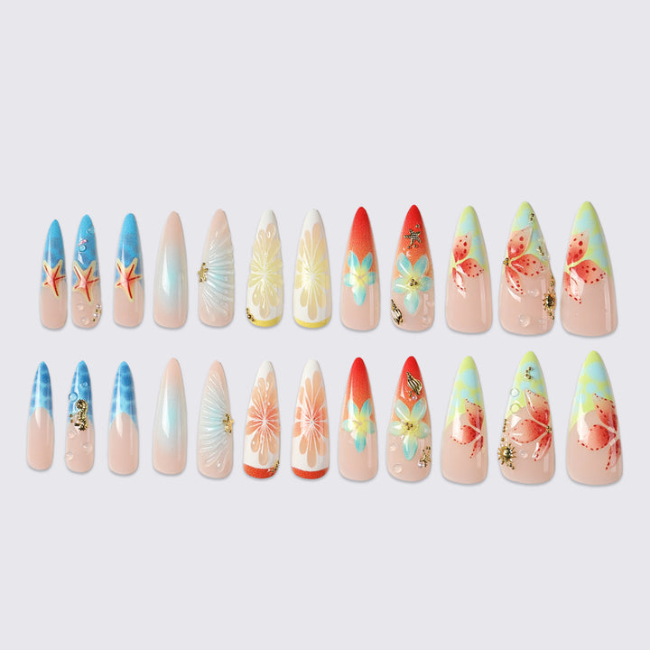 Künstlerisches floral und ozeanisches Press-On Nagelkunstset Karnz