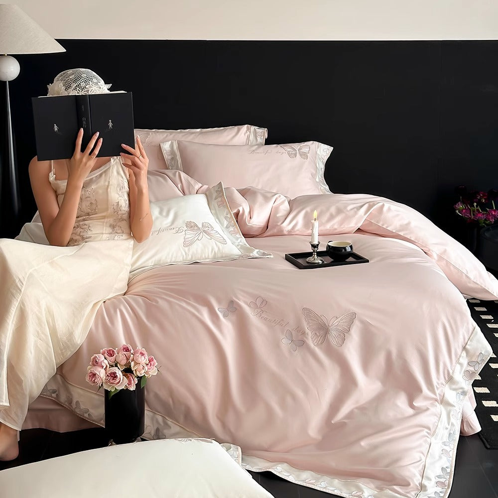 Bestickte Schmetterling Baumwollsatin Bettbezug Set