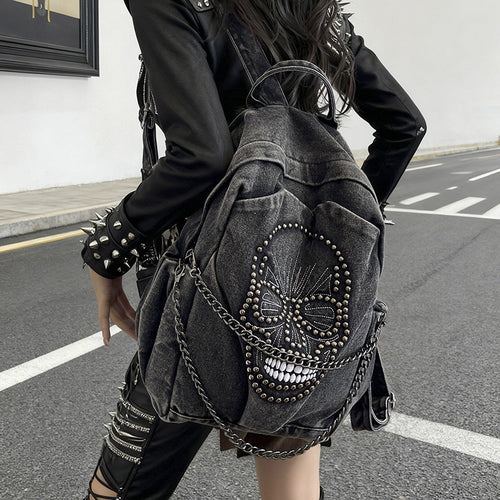 Edgy Skull Design Denim Rucksack