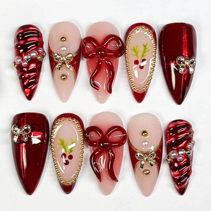 Kunstnagelset mit glamourösen Schleifen und funkelnden Details Karnz