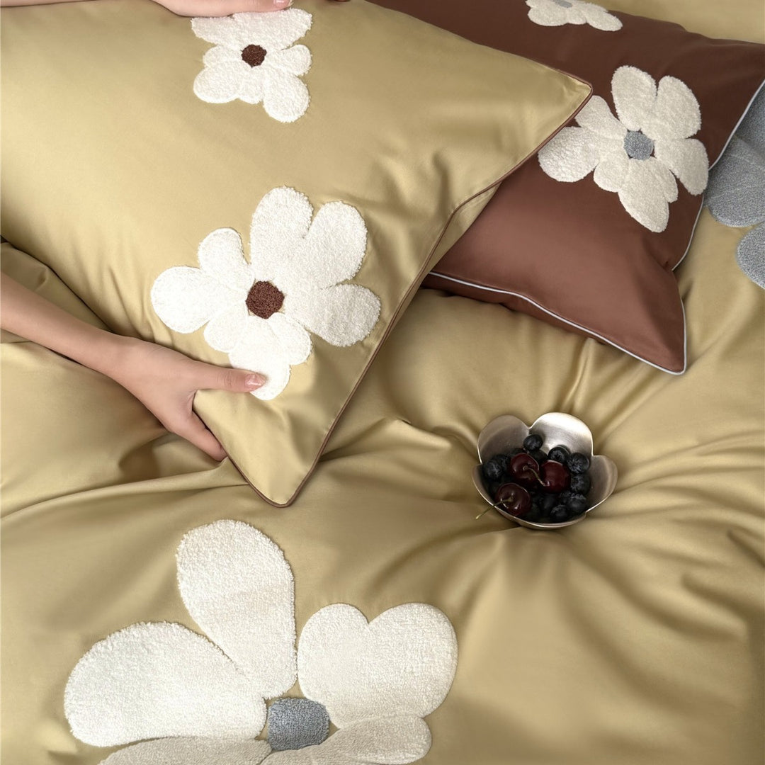 Chenille Floral Applikation Satin Bettbezug Set mit Plüsch Akzent Kissen