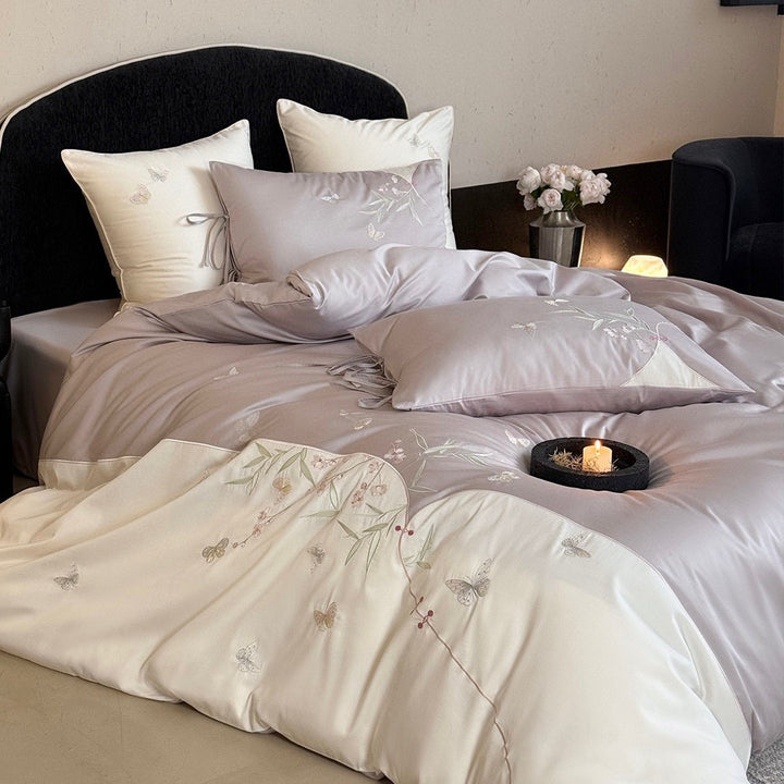Bestickte Satin-feel Baumwollsatin Bettbezug Bettwäsche Set mit dekorativen Kissenbezügen