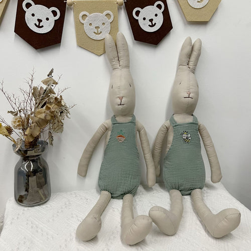 Oversized Leinen-Mischung Langbeiniger Bunny Puppe mit besticktem Musselin Overall