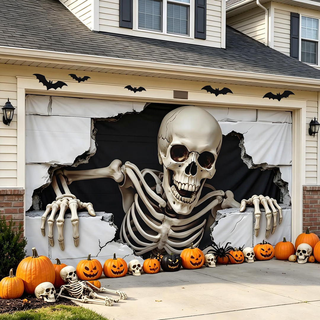 Großformatiger Halloween-Fotohintergrund aus wetterfestem Polyester mit geöstem Befestigungsrand und leuchtendem Haunted-House-Motiv
