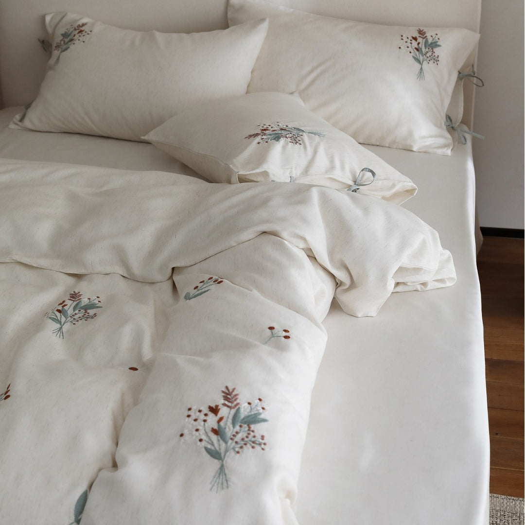 Washed Linen-Cotton Botanical Embroidered Duvet Cover Set with Tied Corner Shams
