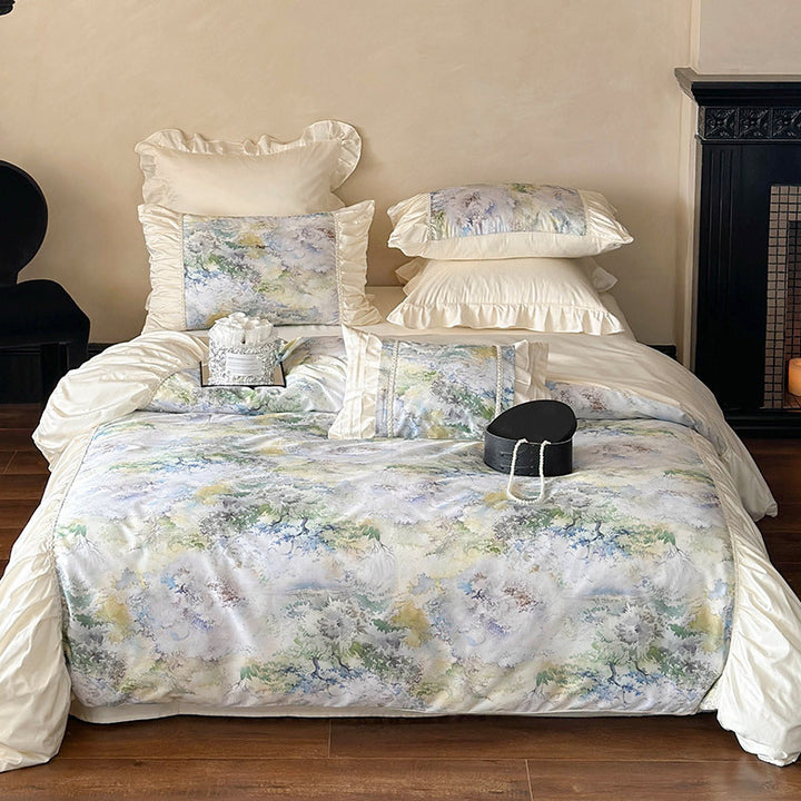 Luxuriöses Satin-Bettwäsche-Set mit Rüschen und Aquarellblumenmuster