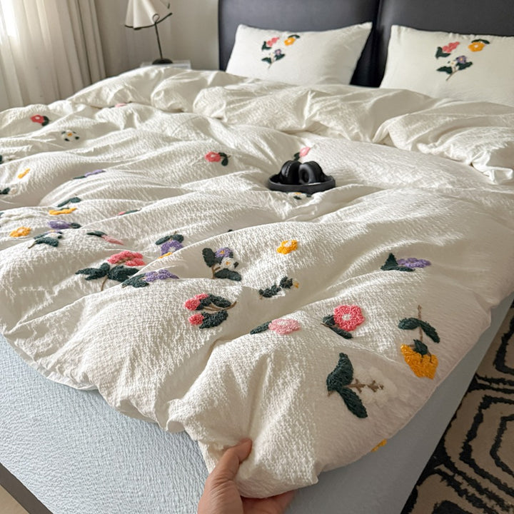 Texturiert Gesticktes Floral Bettbezug-Set mit Tufted Applikation