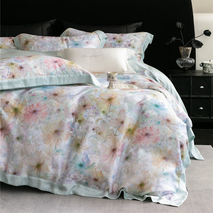 Luxus Aquarell Floral Gebürstet Mikrofaser Bettbezug Set mit Paspelbesatz