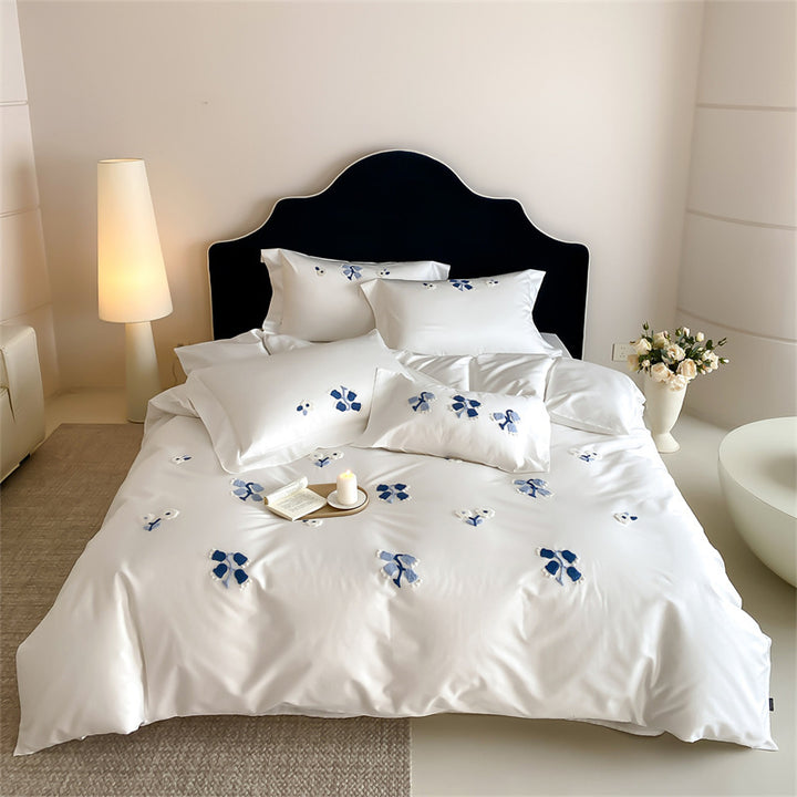 Bestickte florale Applikation Satin Bettbezug Set mit verdecktem Verschluss und Eckbindern