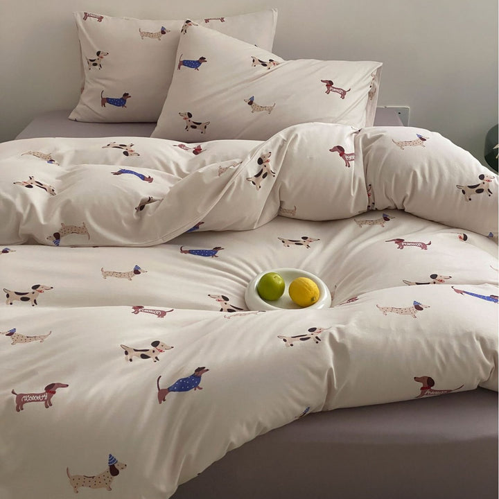 Cartoon Dog Print Baumwoll Bettwäsche Set mit Kissenbezügen