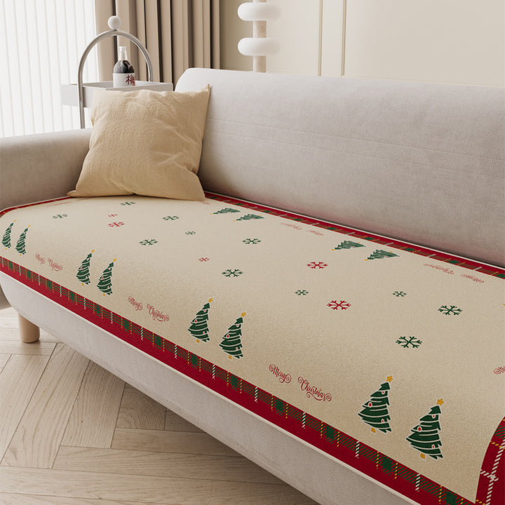 Quilted Holiday Sofa Seat Protector with Anti-Slip Backing and Christmas Tree Print