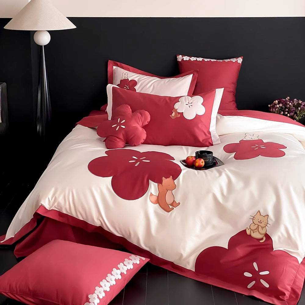Floral Applikation Baumwollsatin Bettbezug Set mit dekorativen Kissenbezügen
