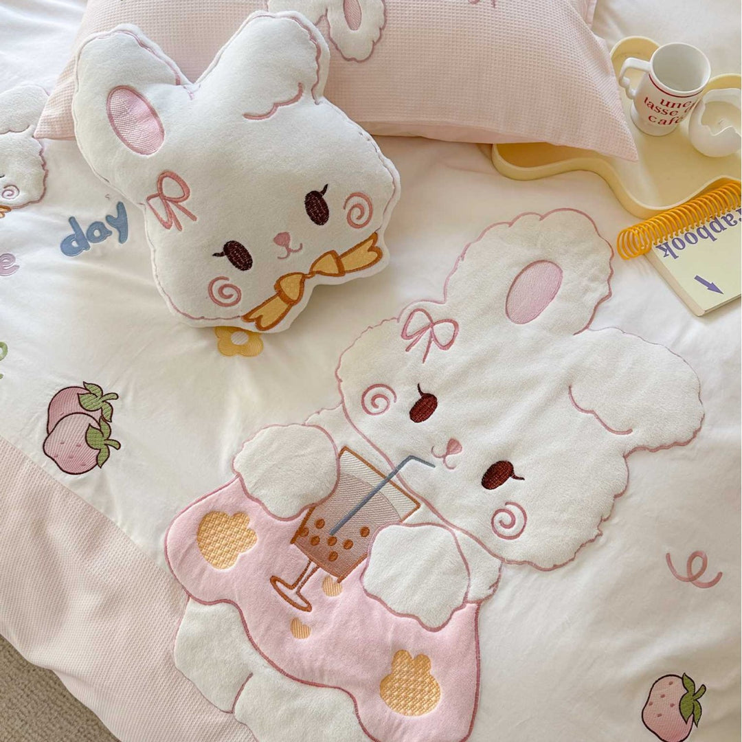 Baumwollgestickter Hase Bettbezug und Kissenbezug Bettwäsche Set
