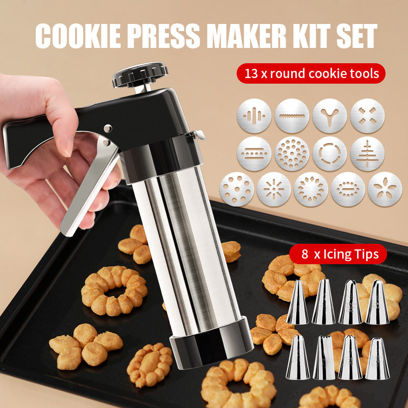 Cookie Press & Decorating Gun with Stainless Steel Cylinder Twelve Pattern Discs and Nine Icing Nozzles
