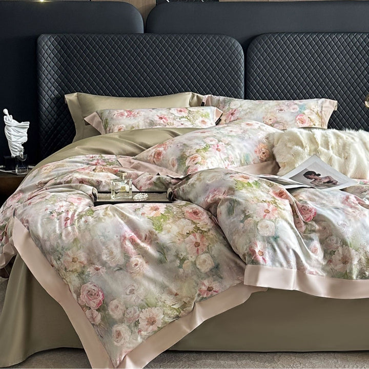 Seidene Blumen-Satin Bettbezug Set mit Satin Saum und Umschlagkissenbezügen