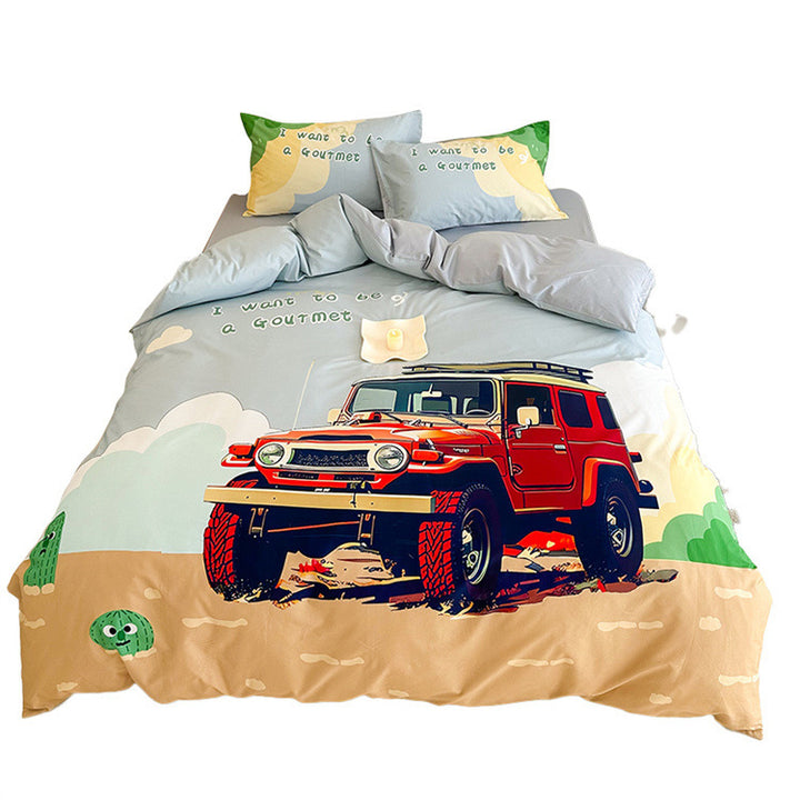 Kinder-Bettwäschegarnitur mit Offroad-Jeep Abenteuerillustration und weichem Baumwollmix