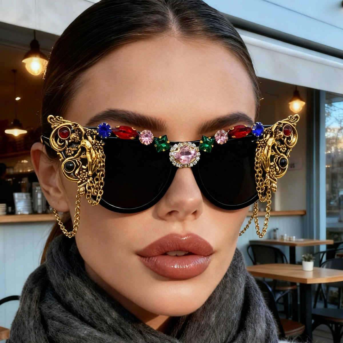 Damen extravagante Glamour-Sonnenbrille mit kunstvollen Verzierungen Karnz