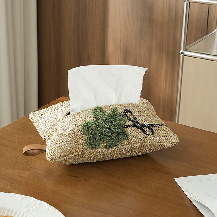 Gewebte Taschentuchbox-Hülle in Stroh-Optik mit besticktem Blumenmotiv Karnz