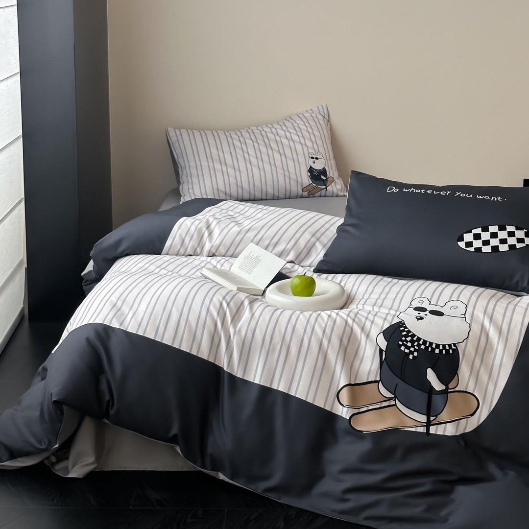 Bettwäsche-Garnitur aus Baumwollsatin mit Teddybär- und Frühstücks-Print