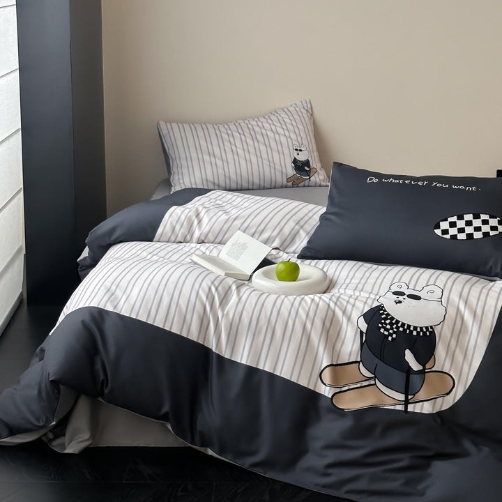 Bettwäsche-Garnitur aus Baumwollsatin mit Teddybär- und Frühstücks-Print