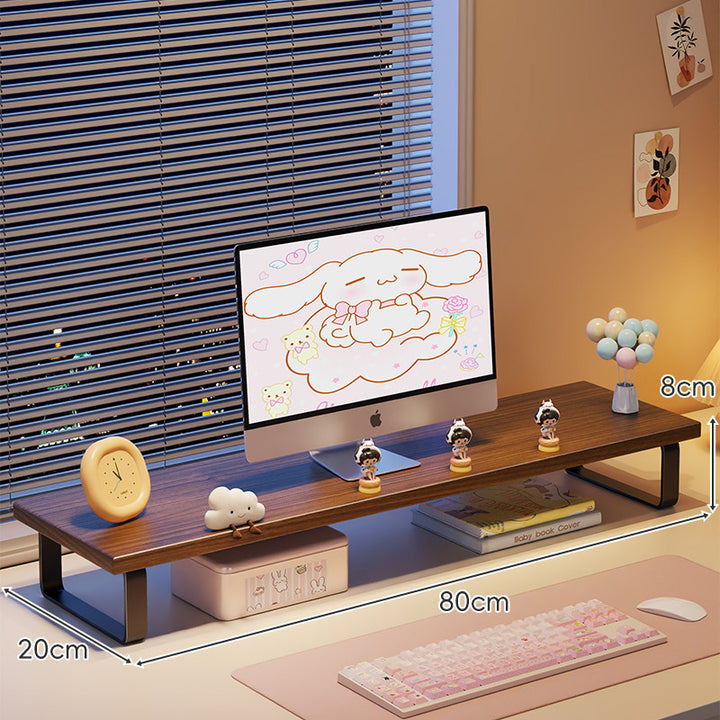 Kompakte Holz-Desktop-Monitorerhöhung mit Metallbeinen und unterer Ablagefläche