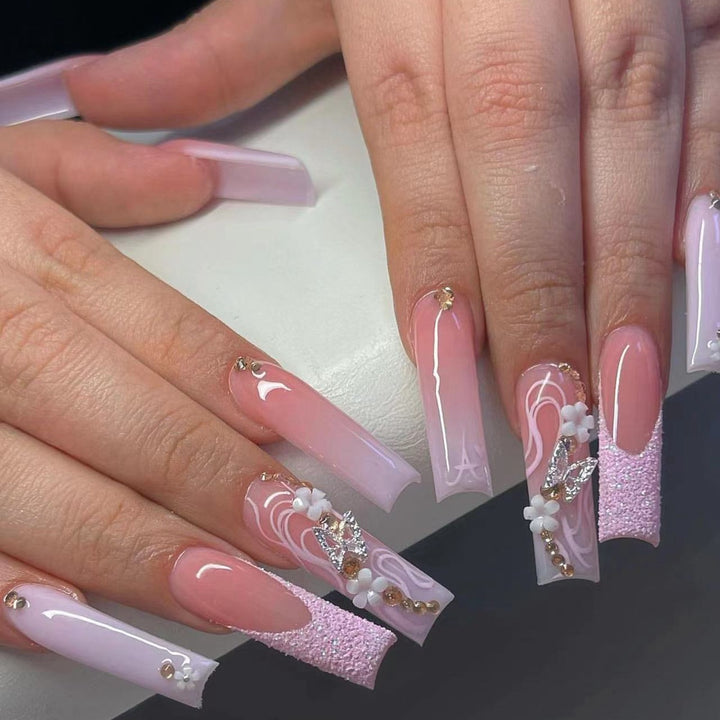 Blumen- und Glitzer-Stiletto-Press-On-Nägel Karnz