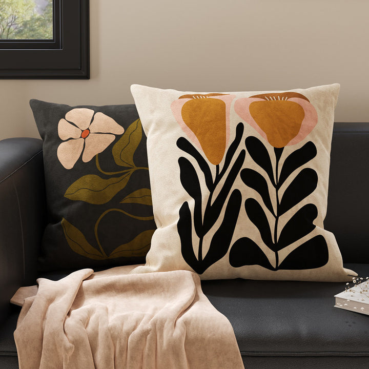 Square Suede-Finish Botanical Print Decorative Throw Pillow Cover with Invisible Zipper