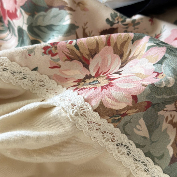 Vintage Floral Ruffled Baumwoll Bettwäsche Set