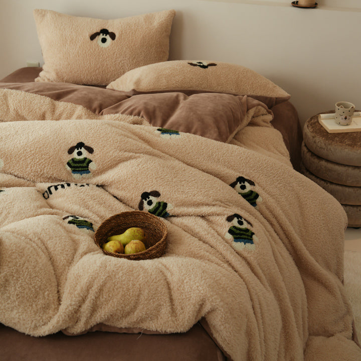 Plüsch Sherpa Besticktes Cartoon Hund Bettbezug Set