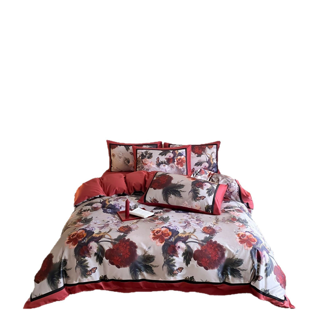 Luxuriöses Satin-Textur Blumen Bettbezug Set mit kontrastierender Bordüre und passenden Kissenbezügen